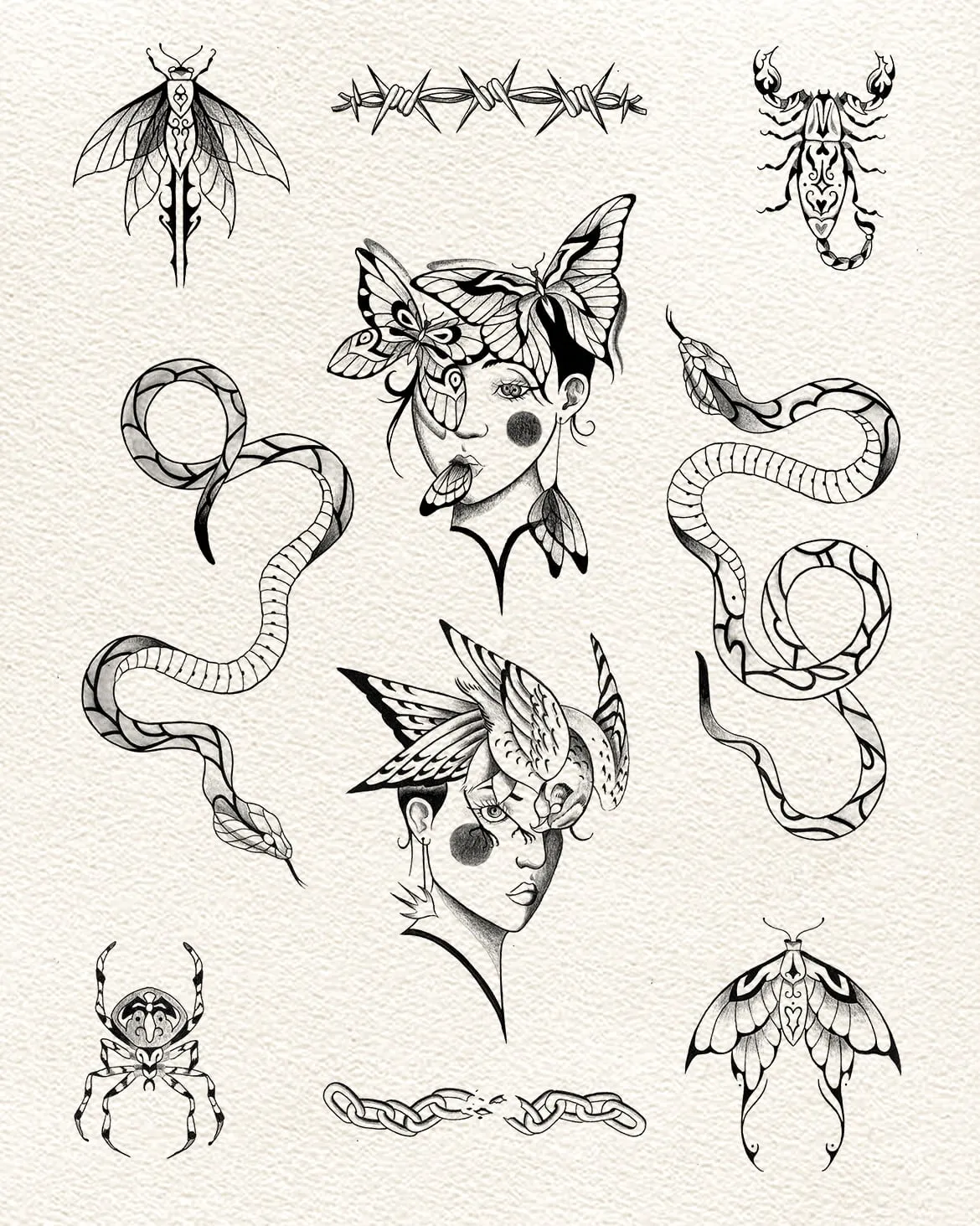 Flash sheet of small designs: moths, a scorpion, snakes, a spider, barbed wire, and women's faces crowned with butterflies