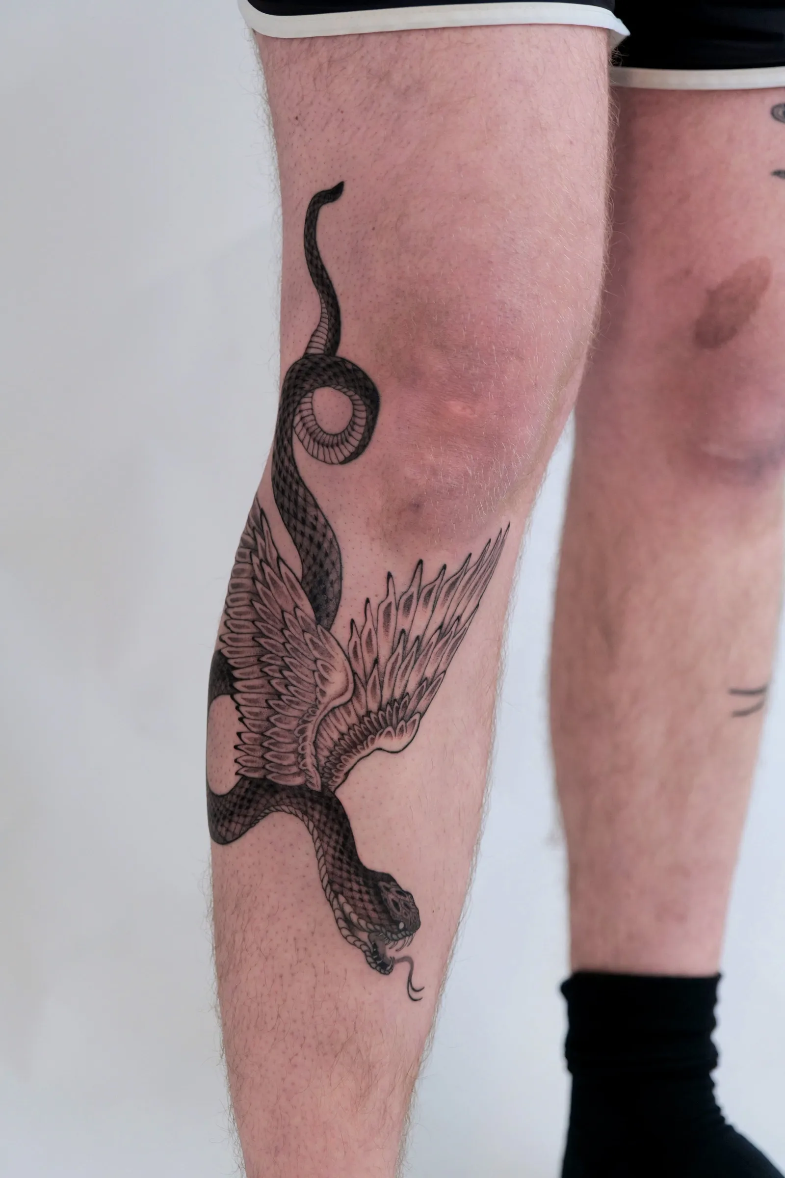 A snake with a pair of feathered wings, wrapped from above the knee down to the calf