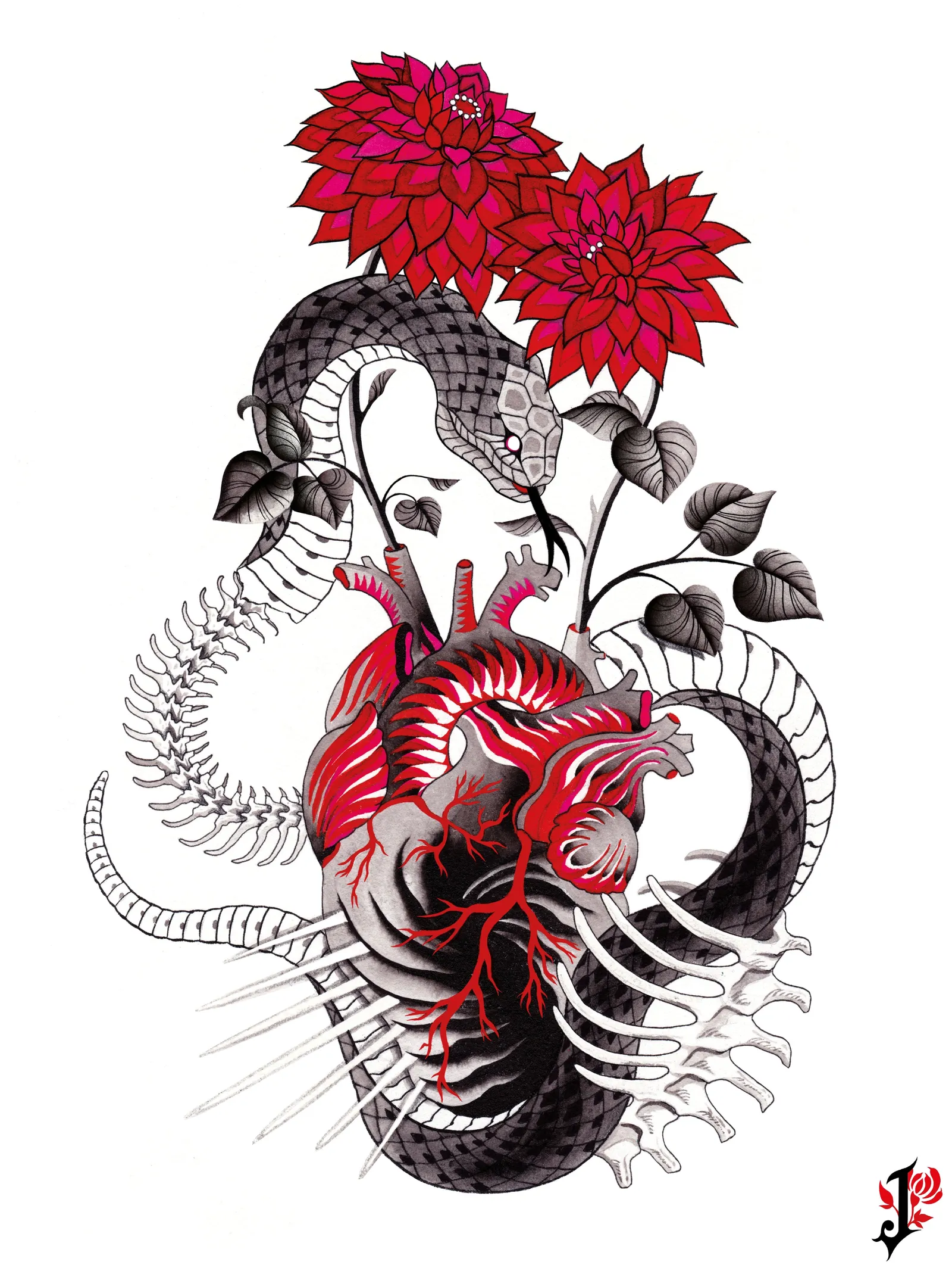 The whole painting, a black snake coiled through a red anatomical heart and a ribcage, beneath red dahlias