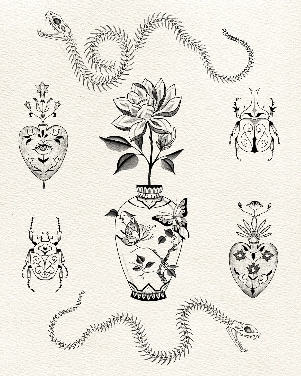 Flash sheet: two snake skeletons, a lotus in a vase, beetles and two ornate hearts