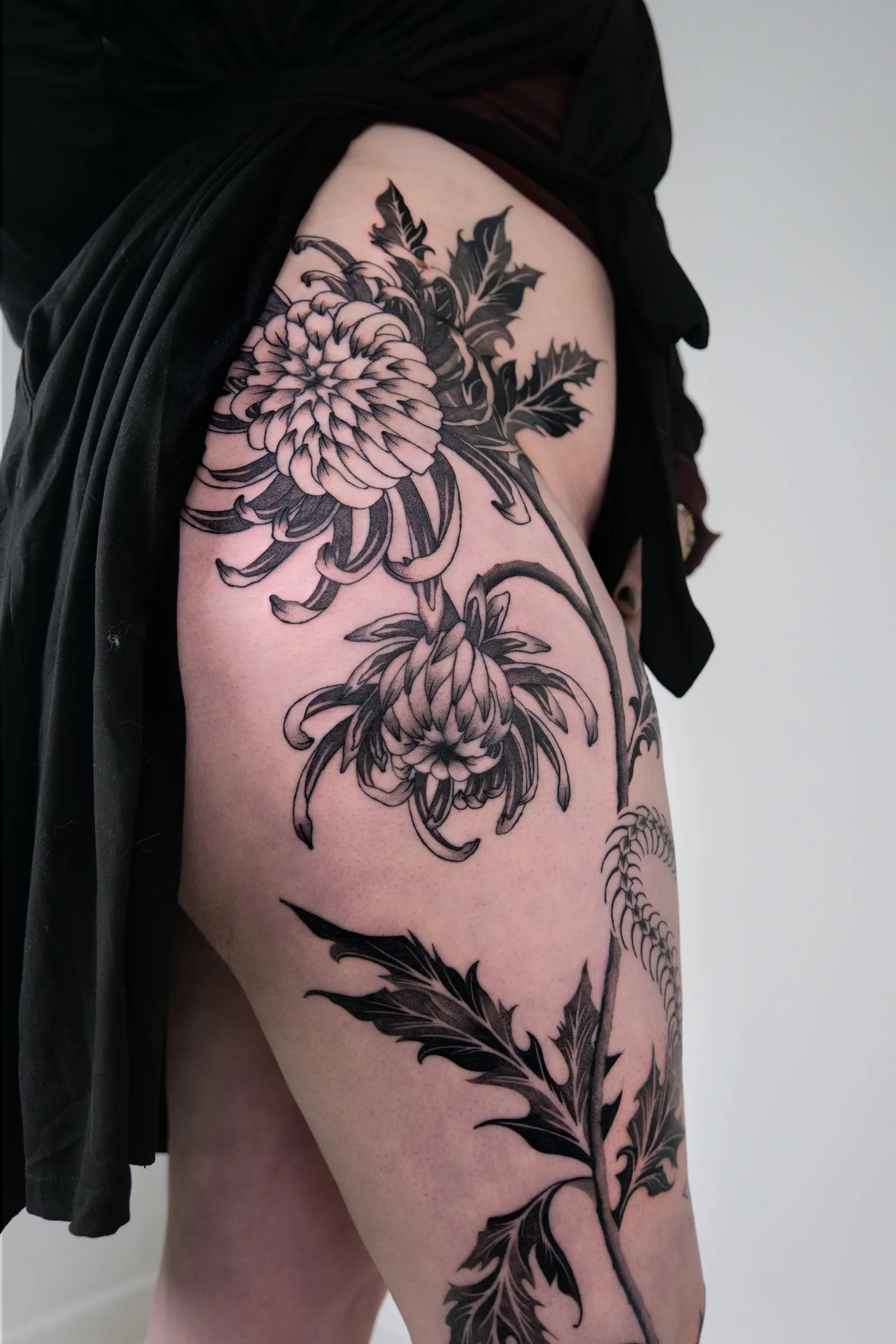 Two chrysanthemum heads with spiky leaves on the hip and upper thigh