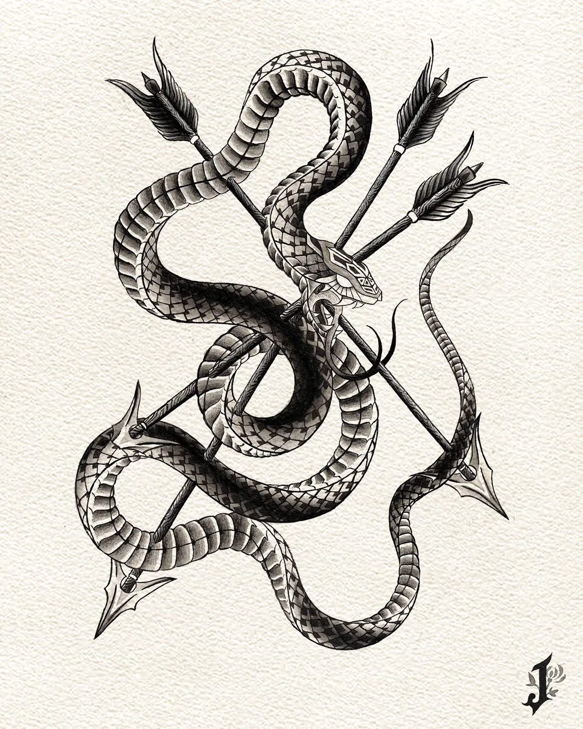 The drawing on its own, a scaled snake knotted around three crossed arrows in black ink