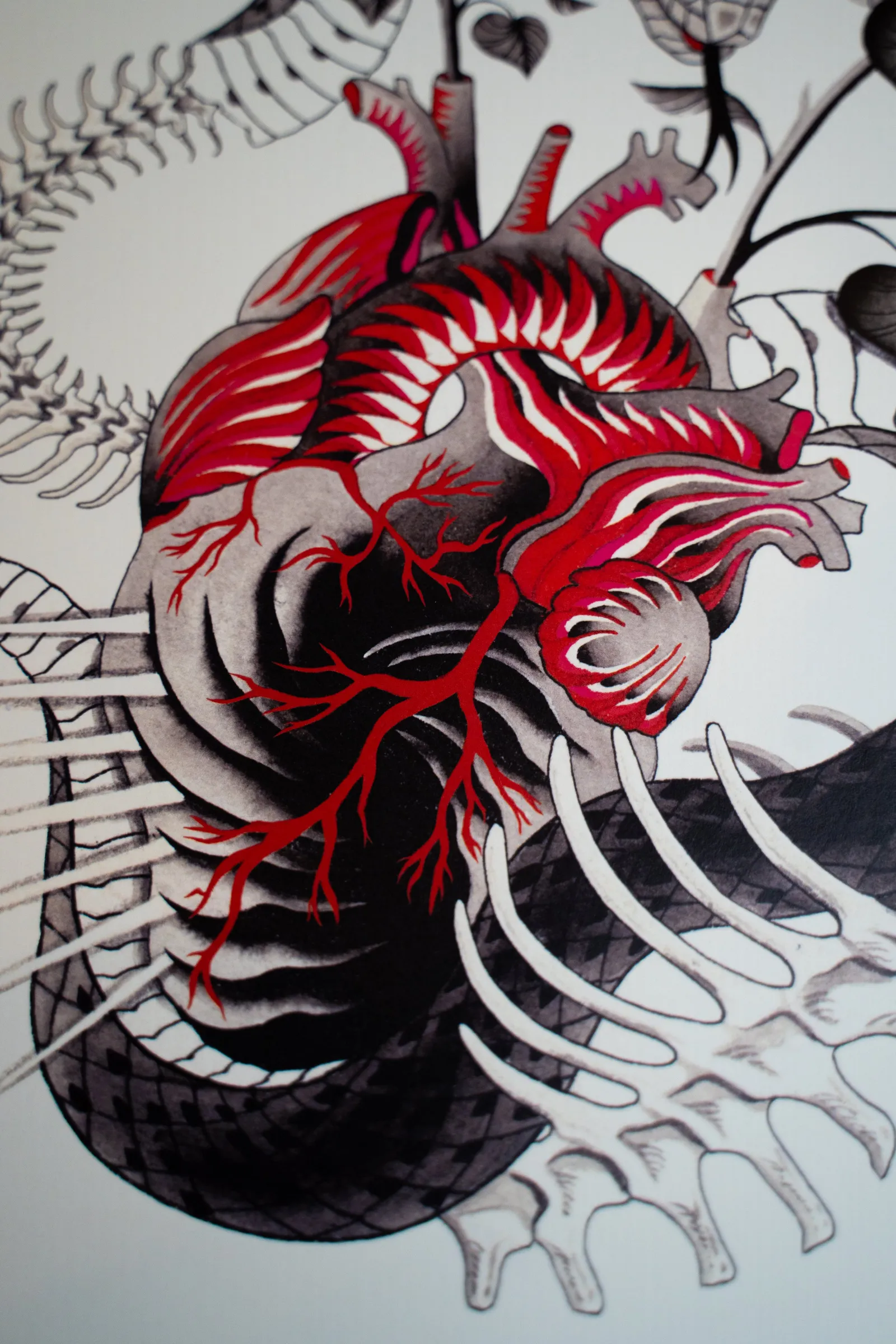 Detail: the anatomical heart in red, its veins running over the snake's coils