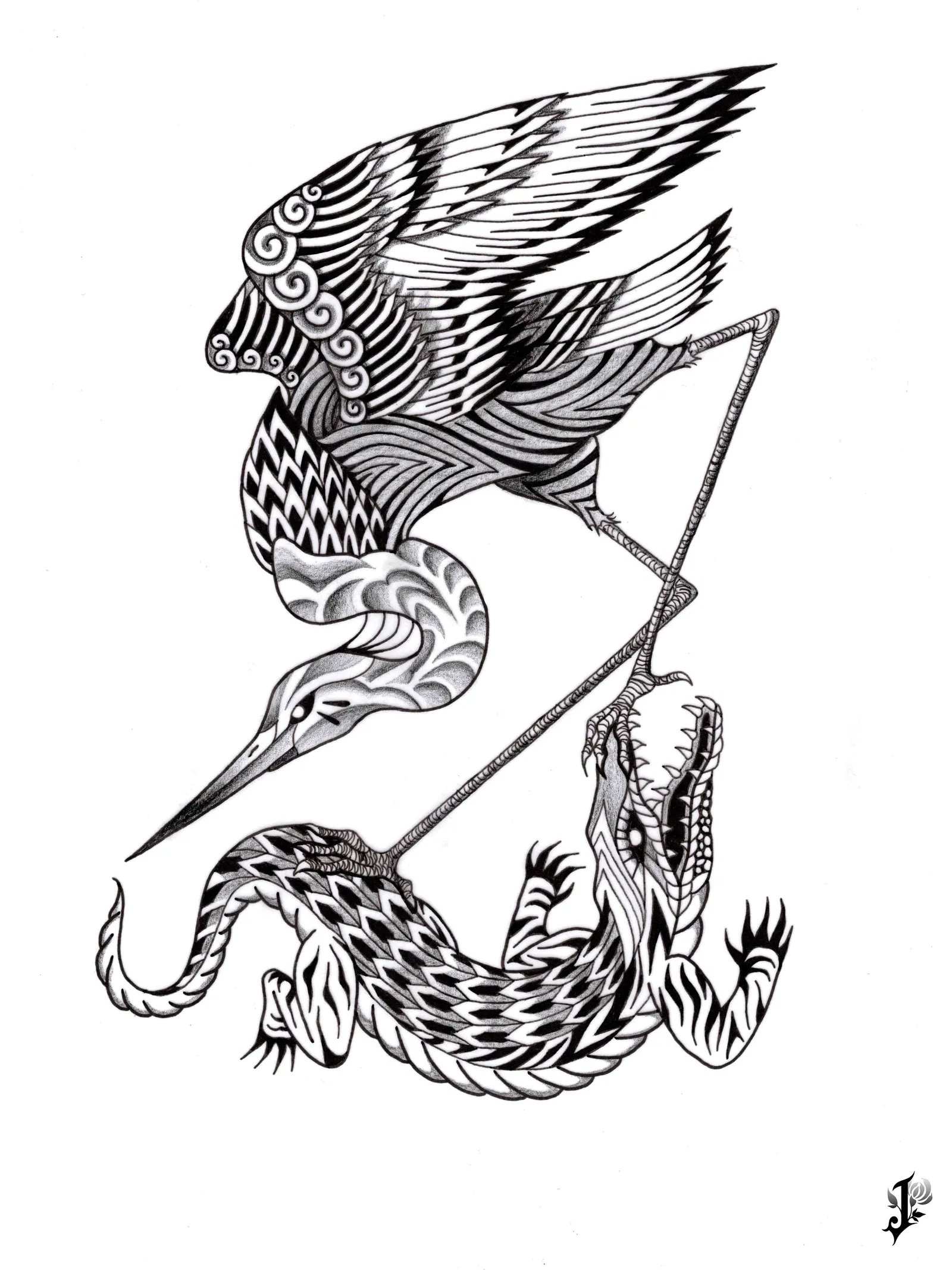 A heron fighting a crocodile, drawn in fine line and black patterns