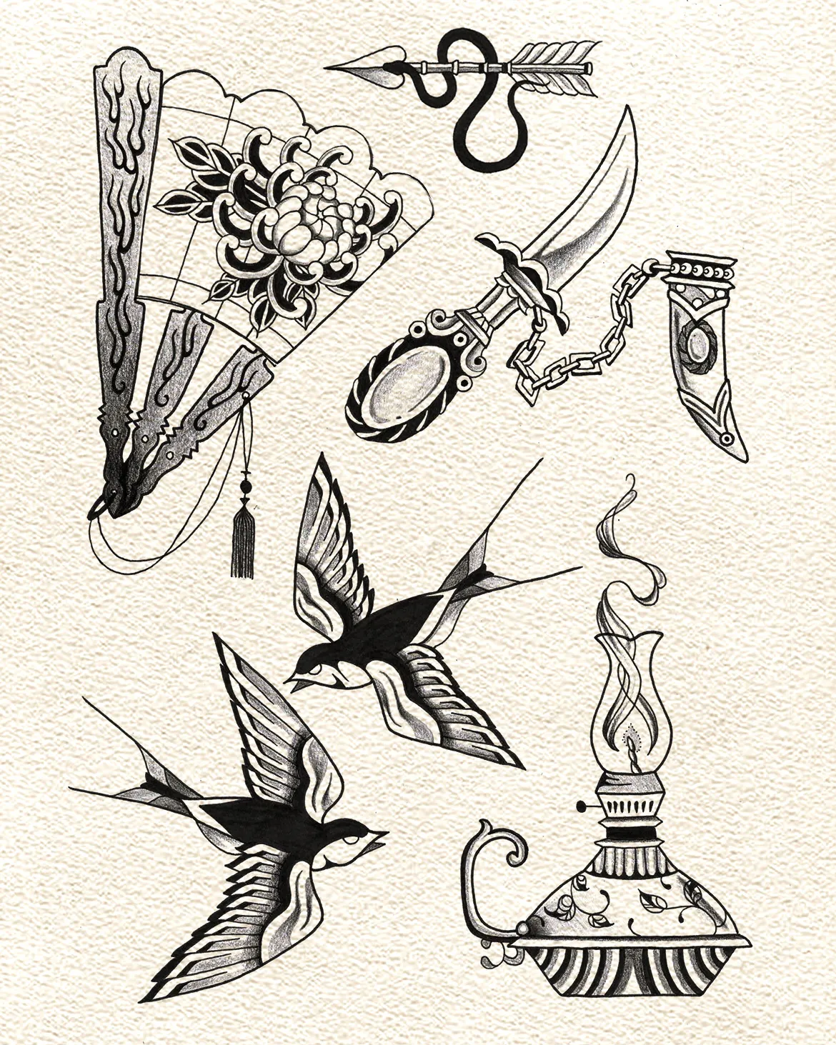 Flash sheet: a folding fan with a peony, a snake and an arrow, a curved dagger, two swallows, a mirror on a chain and an oil lamp