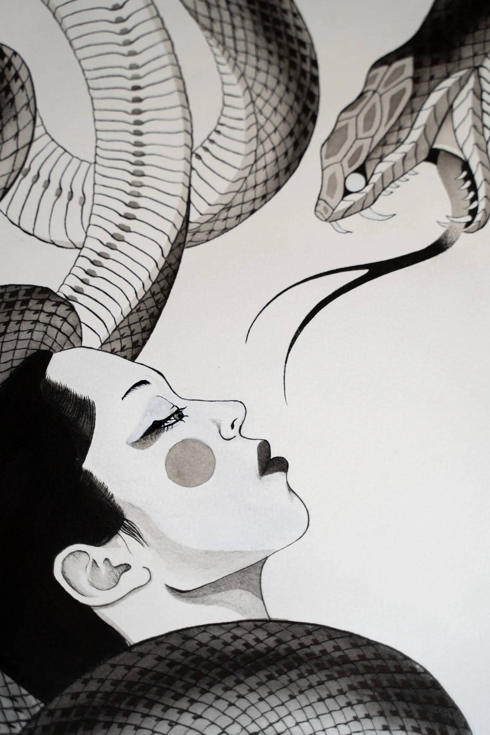 Detail: a woman's face turned up toward a snake's forked tongue, a blush on her cheek
