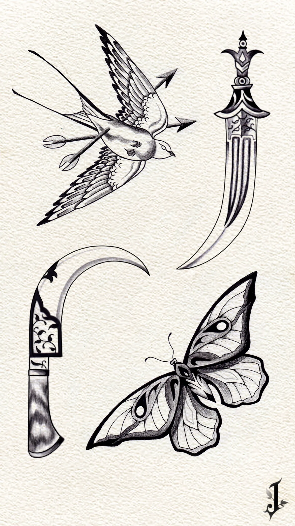 Flash sheet: a swallow with an arrow, a wavy dagger, a sickle-shaped knife and a moth