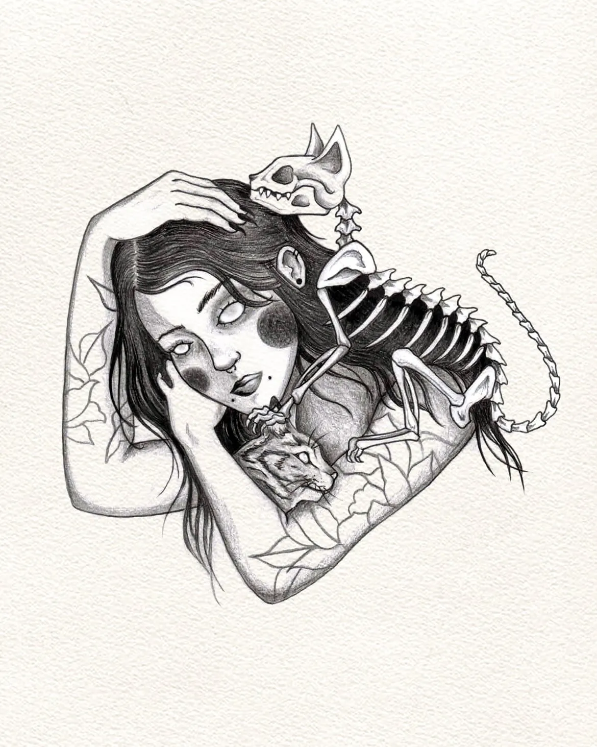 A woman with closed eyes wearing a cat skull, a cat skeleton curled at her shoulder