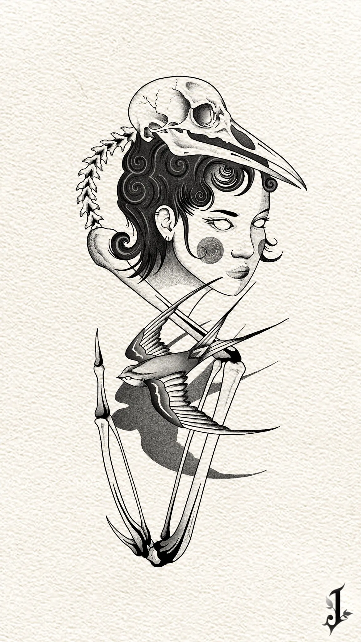 A woman wearing a bird skull as a headdress, a swallow at her shoulder