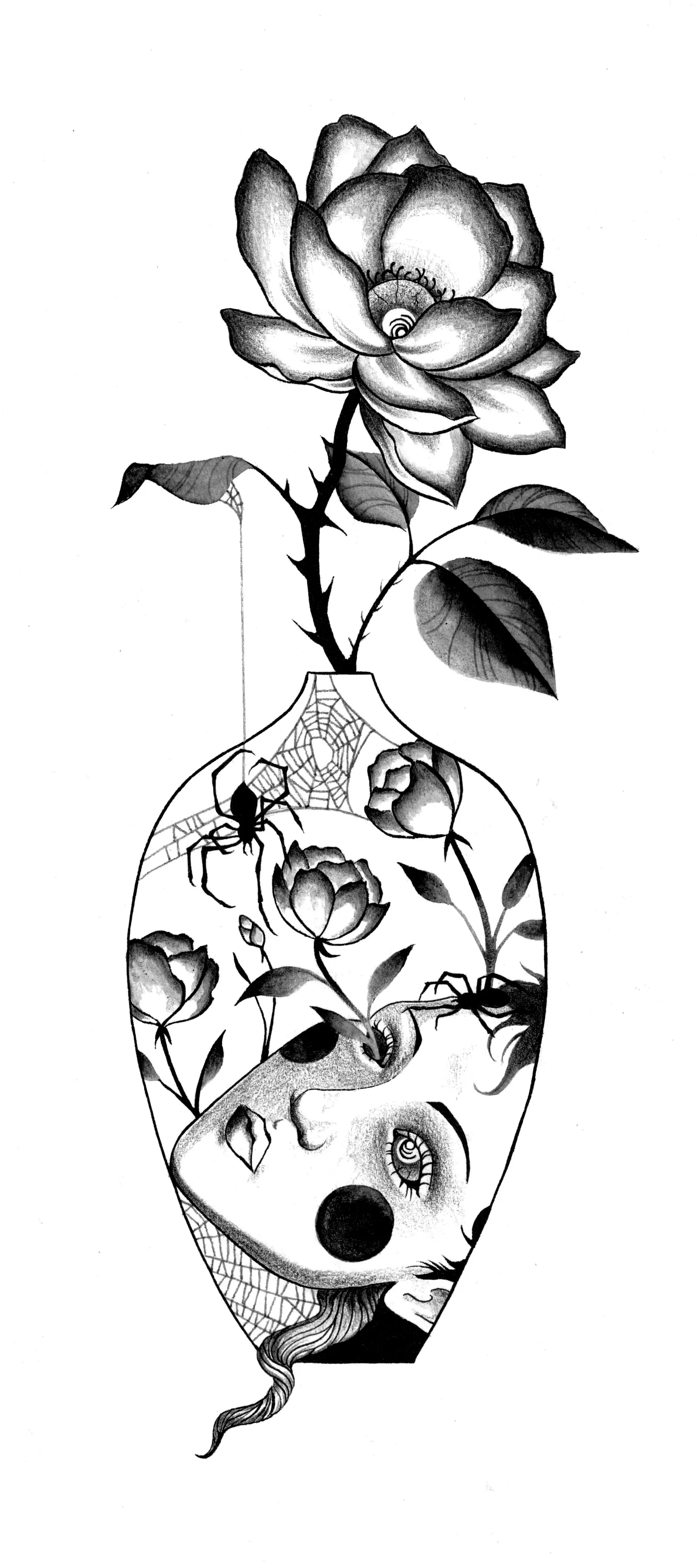 A tall decorated vase with a rose growing from its neck