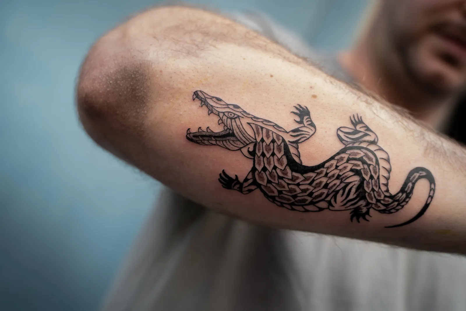 A crocodile with open jaws and a scaled back, tattooed along a forearm