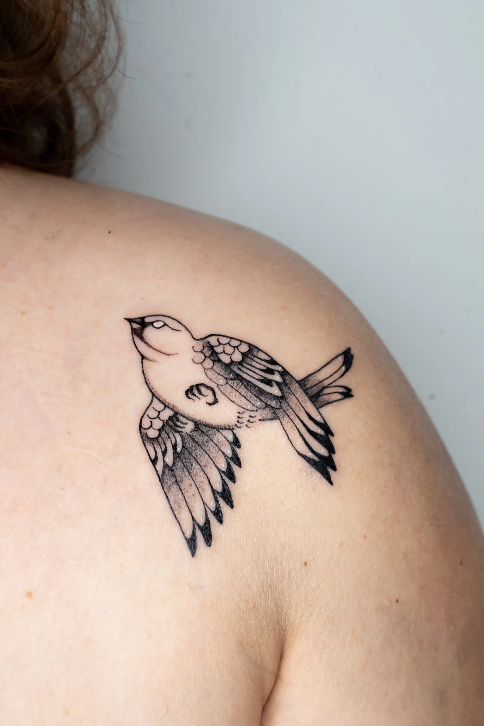 A small bird in flight looking upward, tattooed on a shoulder blade
